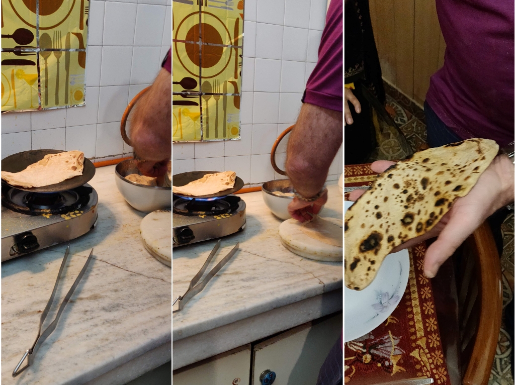 A triptych showing the stages of flatbread preparation: placing dough on a griddle, cooking it, and displaying the finished flatbread in a homely kitchen setting.